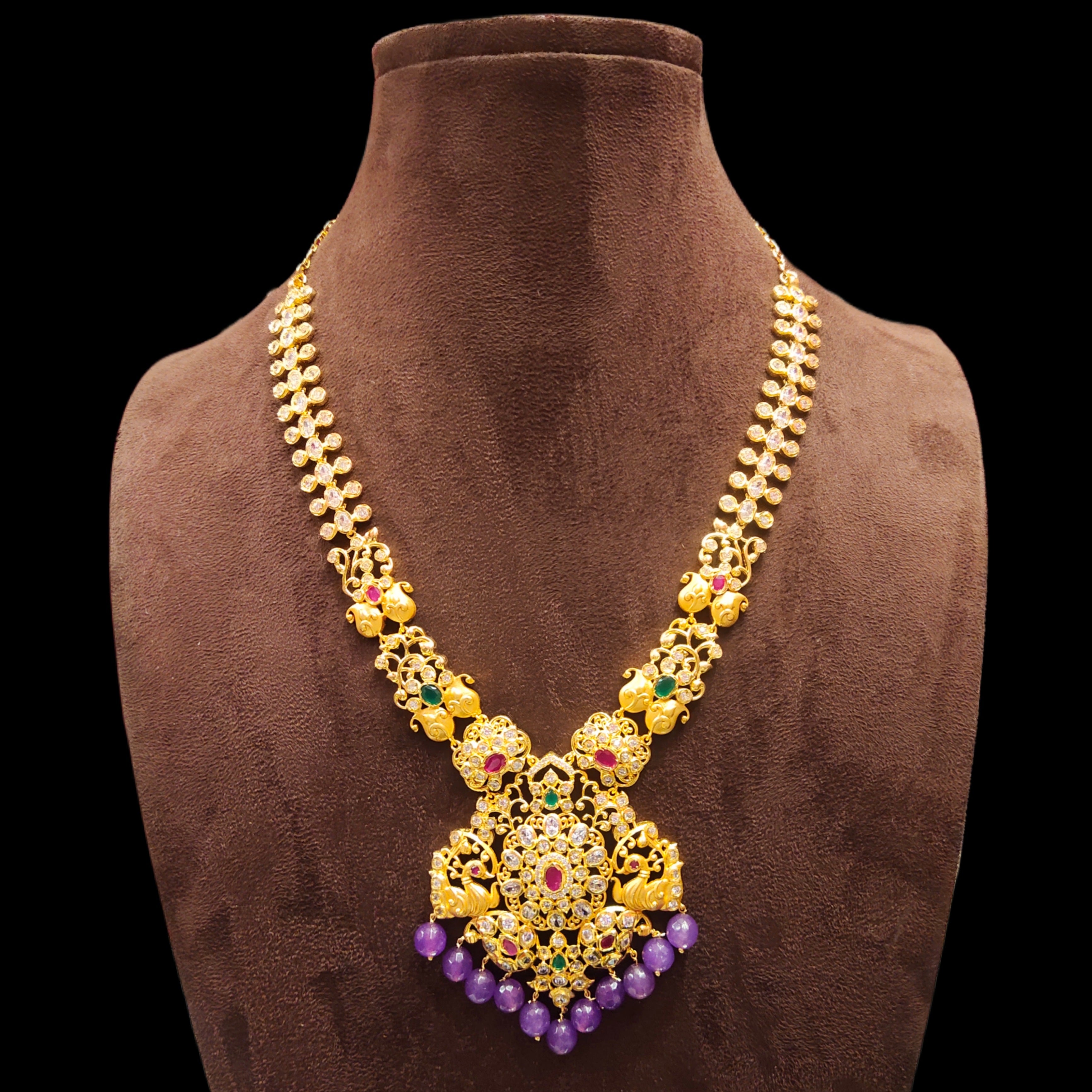 Designer CZ Middle Haram - 24K Gold Peacock Design Wedding Necklace Set