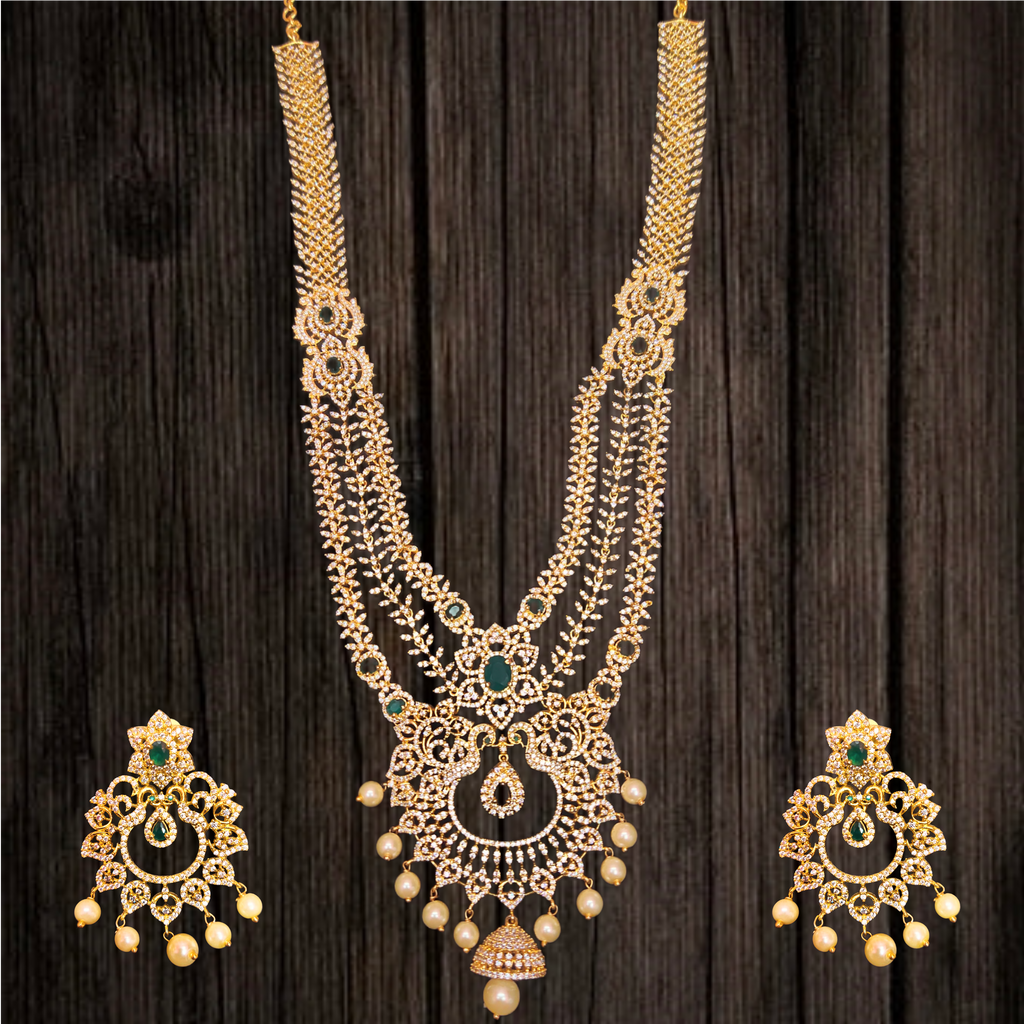 Layered American Diamond Haram with Pendant - Multi-Tier Bridal Necklace Set