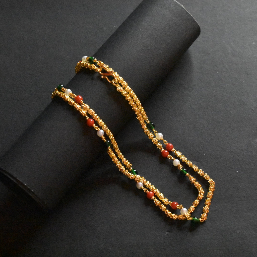 24 Inch Chandramukhi Chain with Corals and Pearls - 24K Gold Plated Women's Necklace