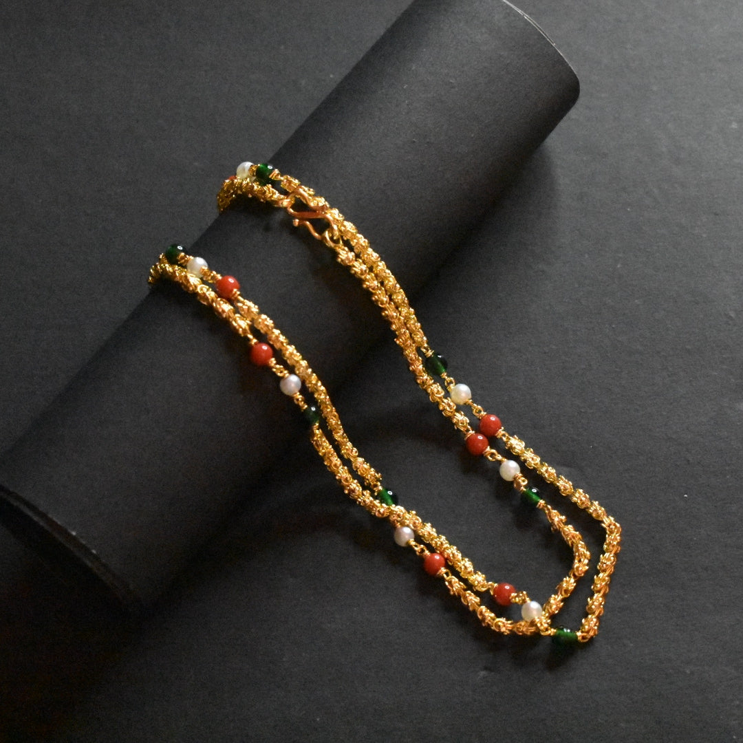 24 Inch Chandramukhi Chain with Corals and Pearls - 24K Gold Plated Women's Necklace