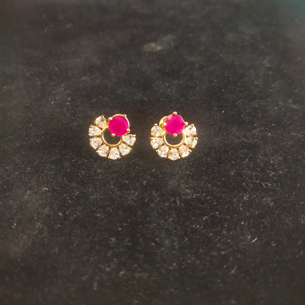 Gold Plated Pink Ruby & CZ Stone Stud Earrings | Half Moon Floral Design