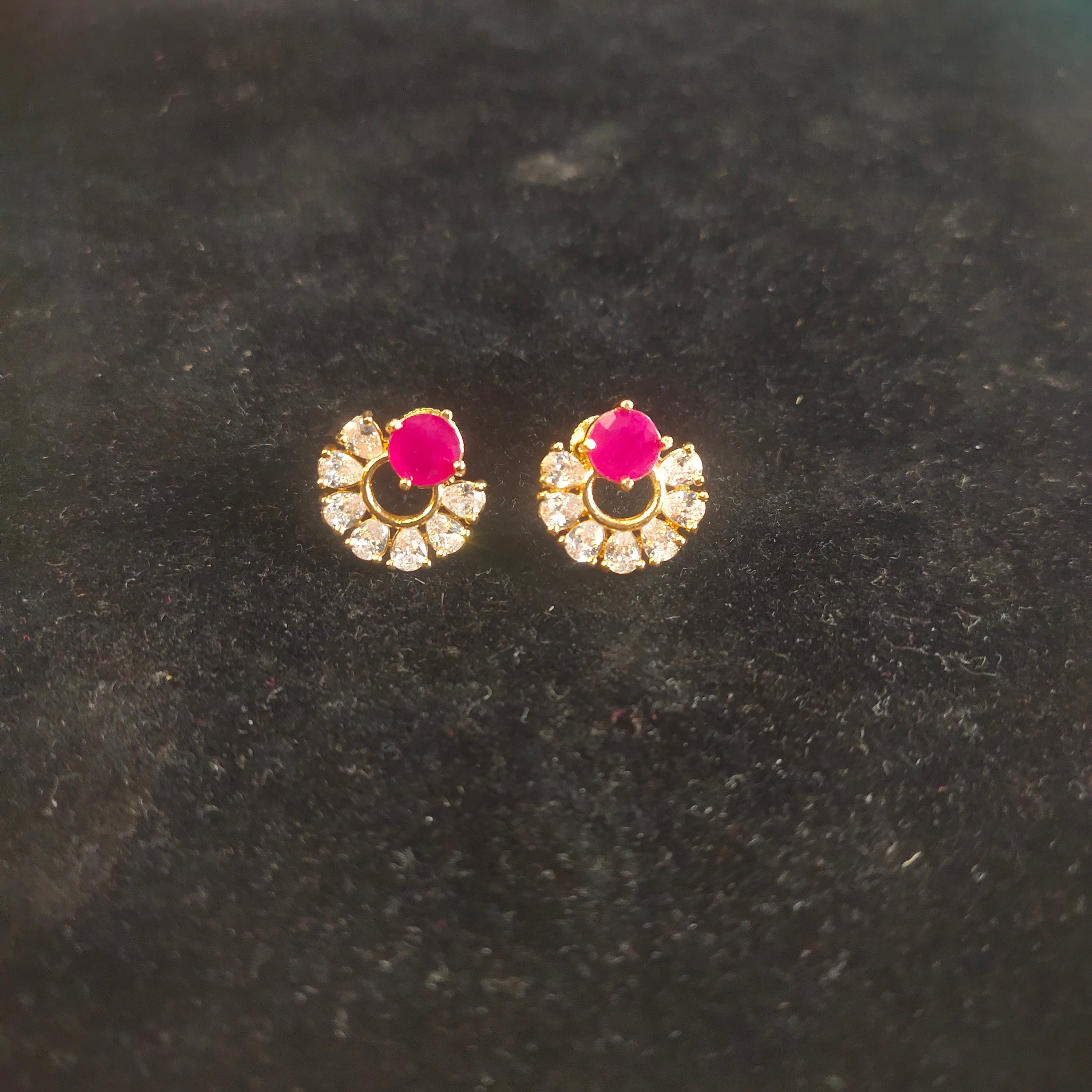 Gold Plated Pink Ruby & CZ Stone Stud Earrings | Half Moon Floral Design