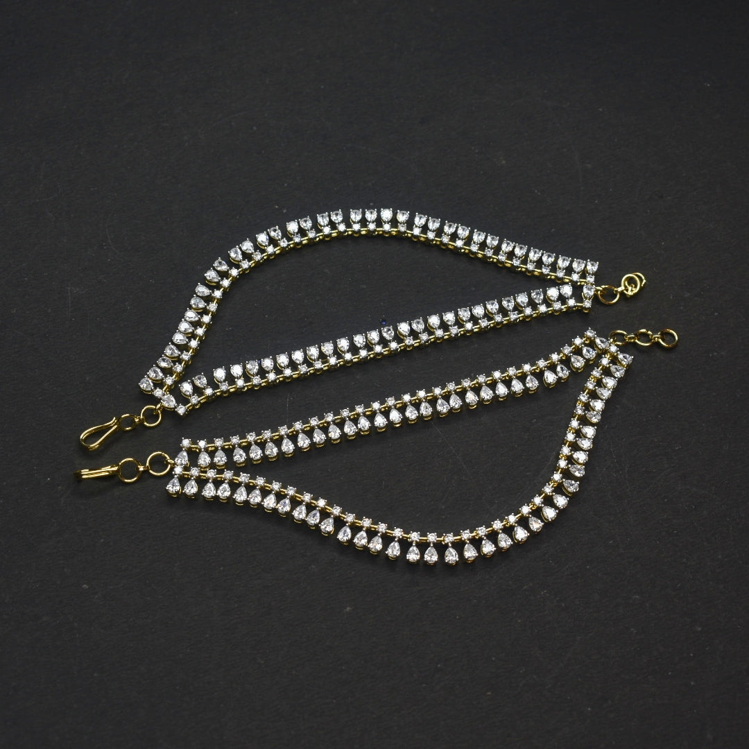 White CZ Rhodium-Gold Plated Champaswaralu - 14cm Ear Chains