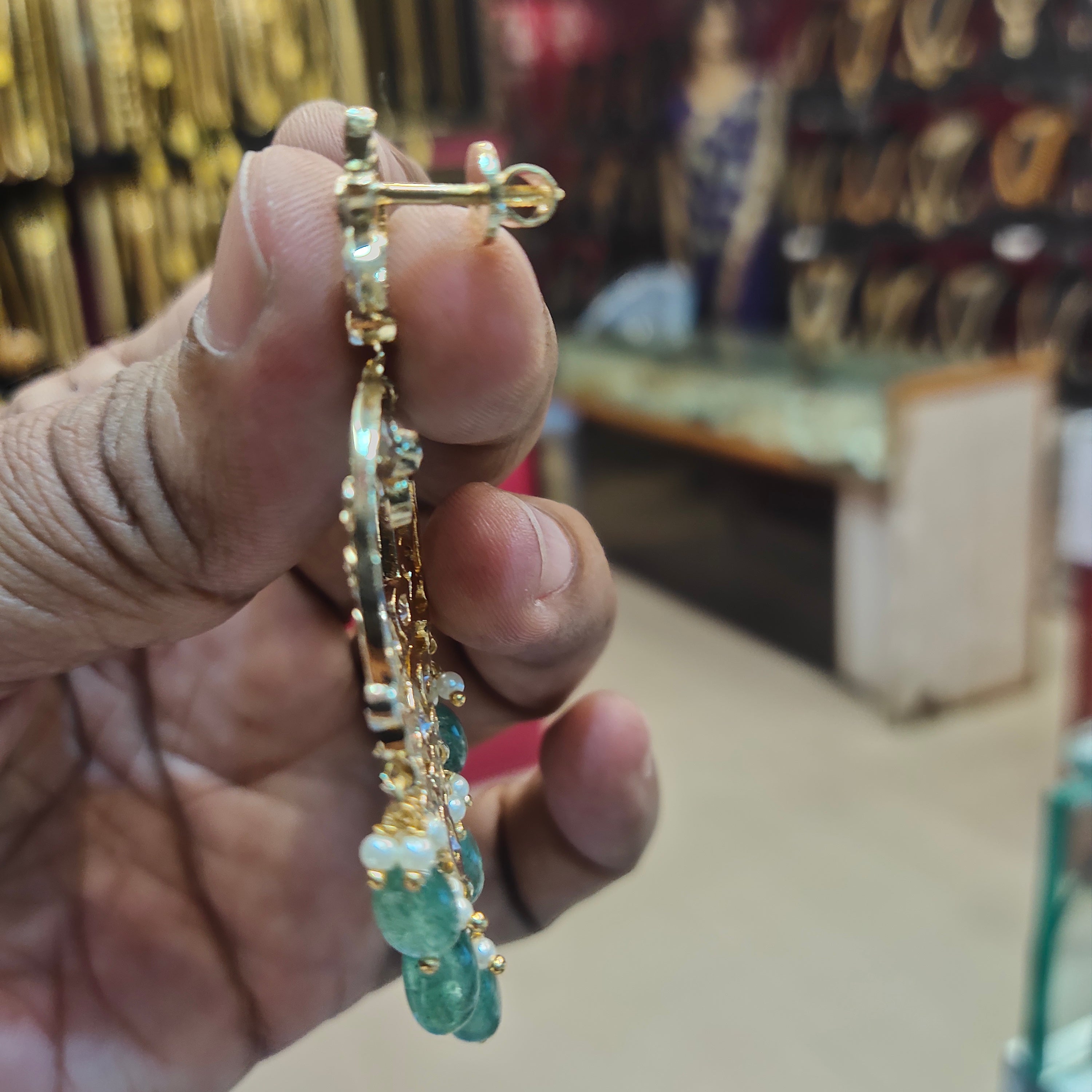 24K Gold Plated Green Beads Hanging Chandbali Earrings - Screwback Design