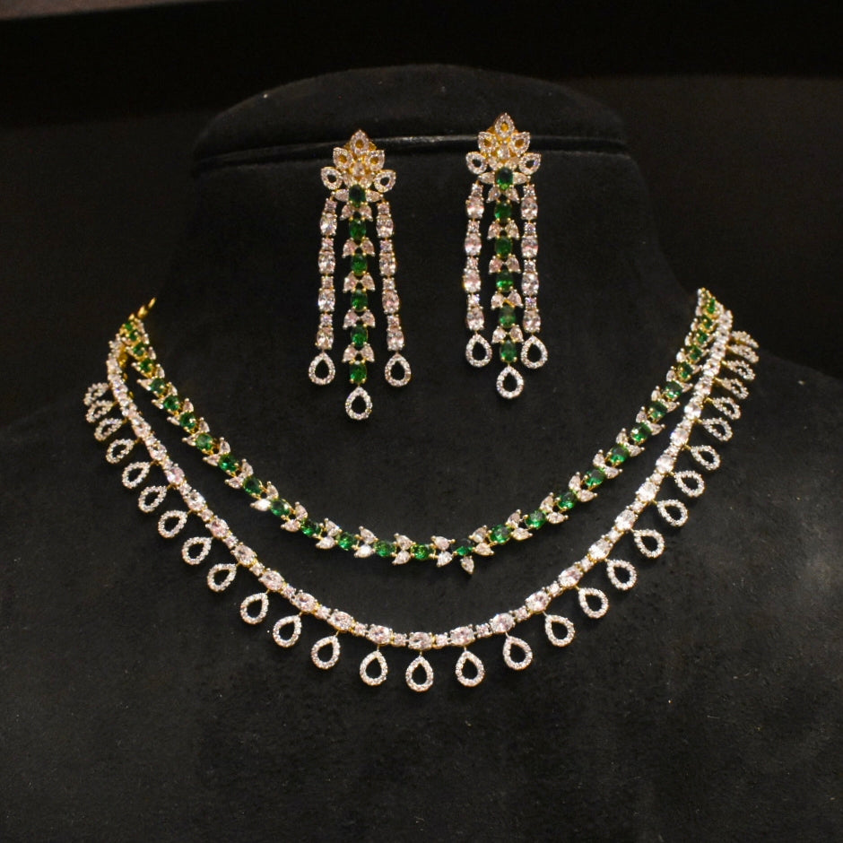 Two Layer Zircon Necklace Set - Two Tone Gold-Rhodium Polish