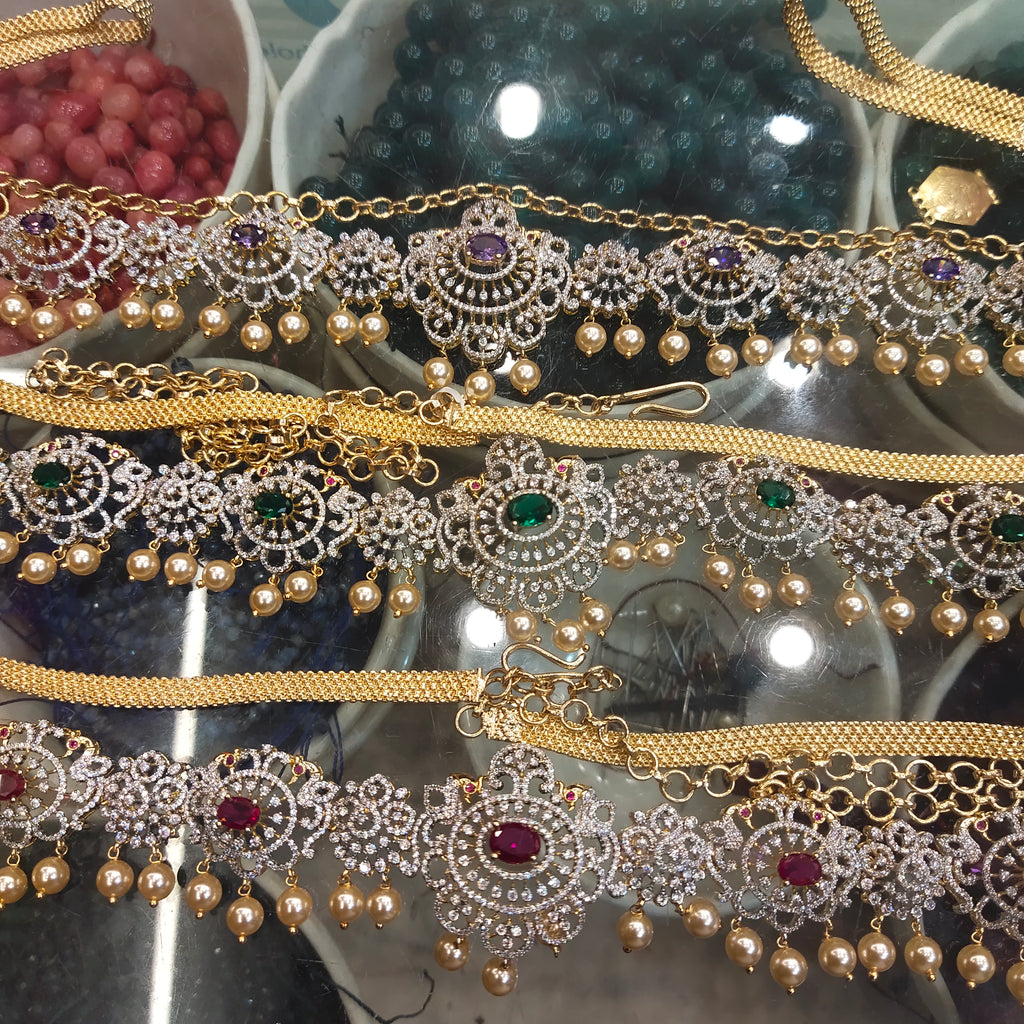 Zircon Rhodium-Gold Double Tone Diamond Look Chain Vaddanam for Bride