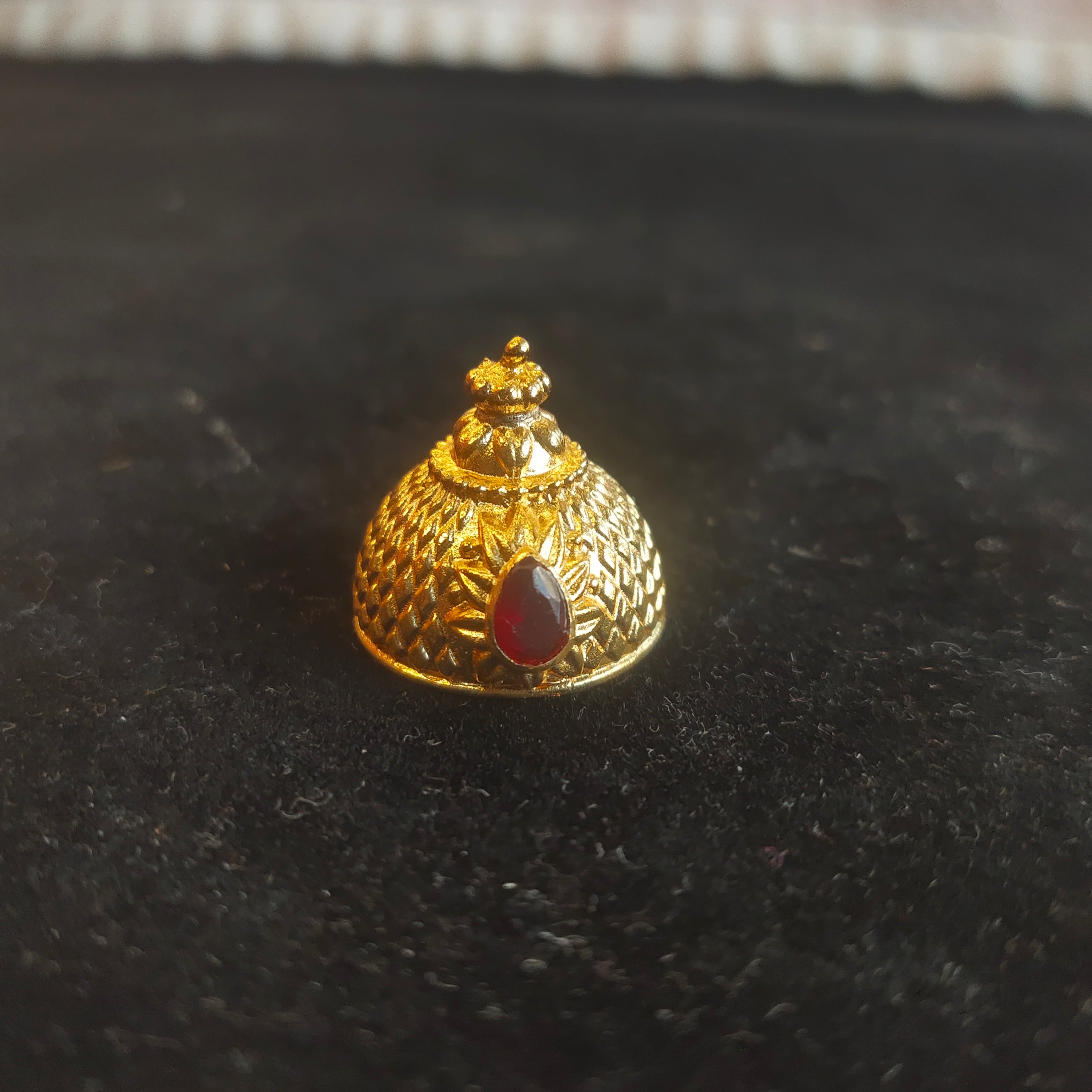 Panchaloha Gold Mukut for Deity Idol - Low Dome with Leaf Engraving & Ruby Stone