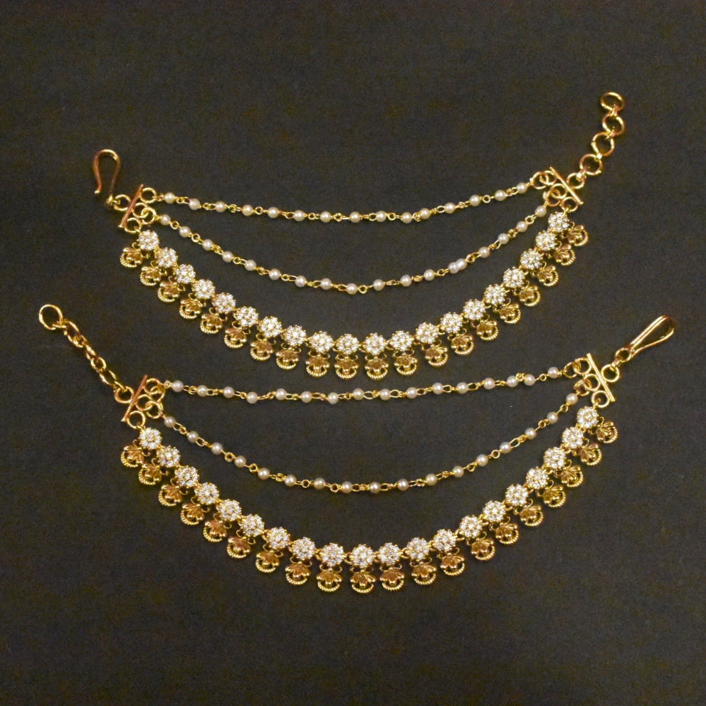 Antique Zircon Champaswaralu Ear Chains - Traditional Bridal Jewelry