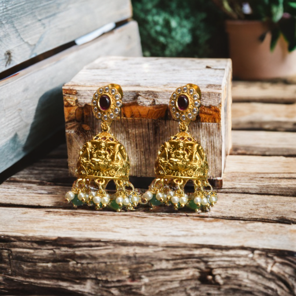 Antique Kemp Laxmi Jhumka Earrings with Pearl Hangings | Temple Jewellery