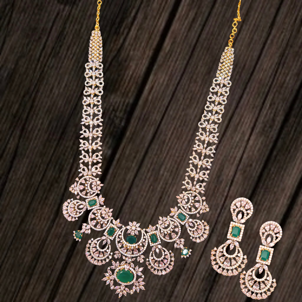 CZ Emerald Long Necklace Set with Jhumka Earrings | Bridal American Diamond Jewellery