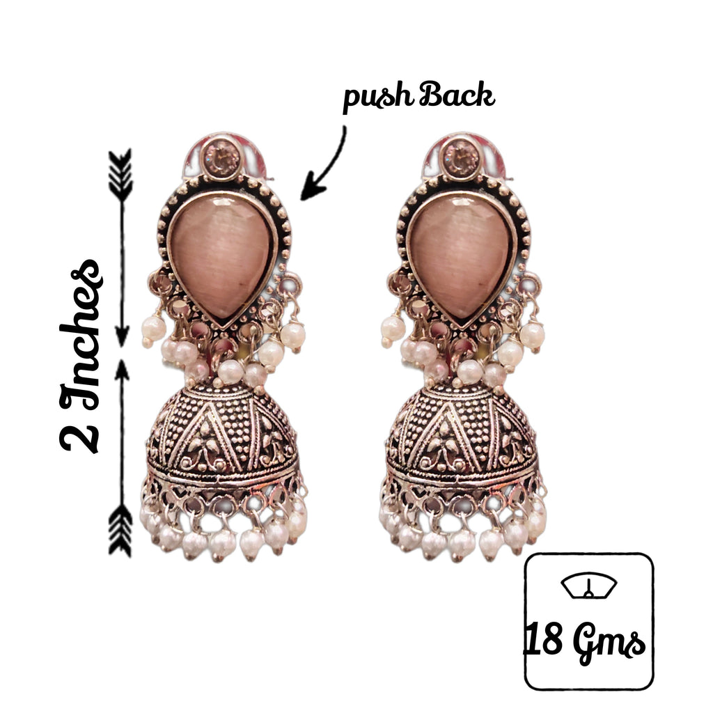 Classic Oxidized Silver Jhumka - Vintage Style Pink Accents