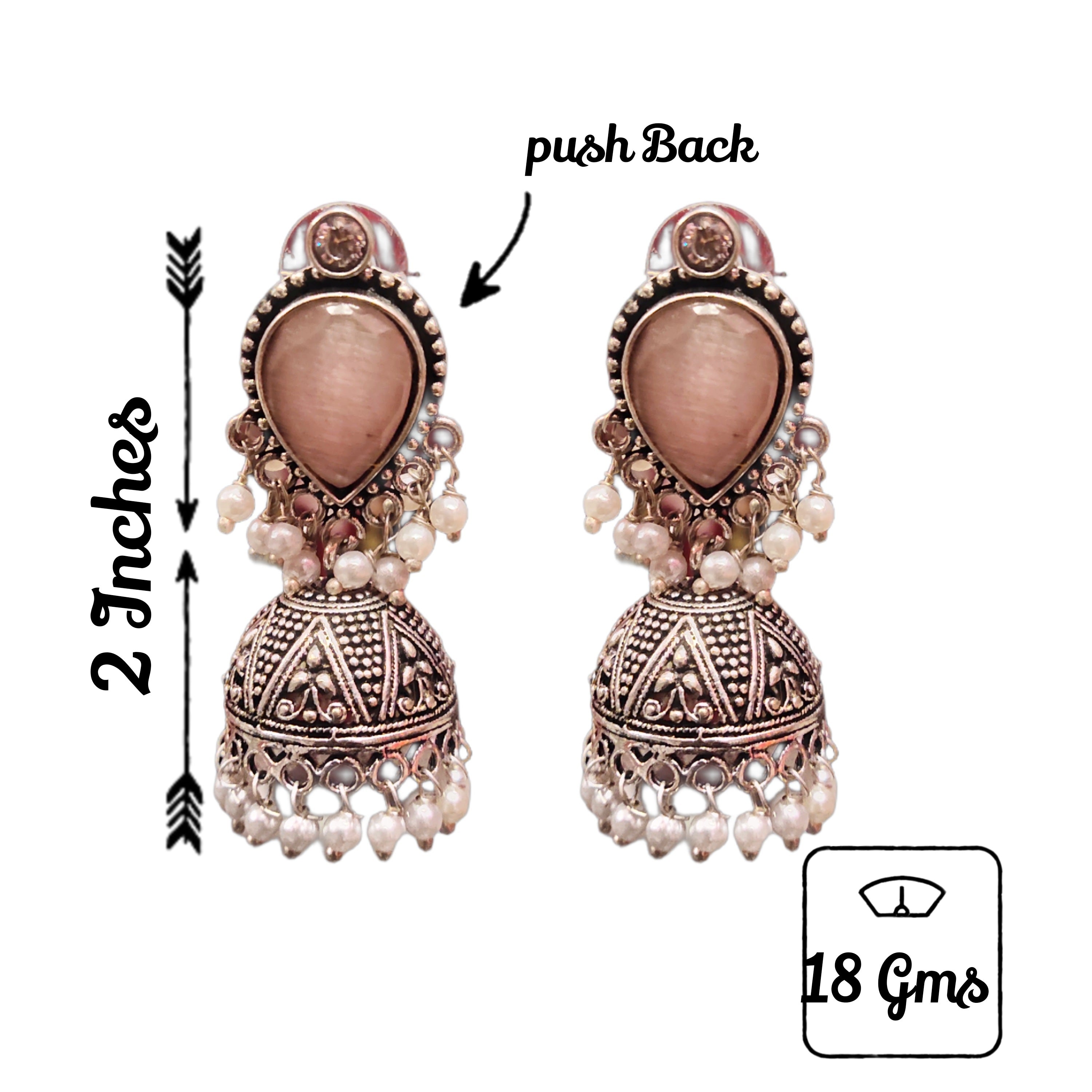 Classic Oxidized Silver Jhumka - Vintage Style Pink Accents