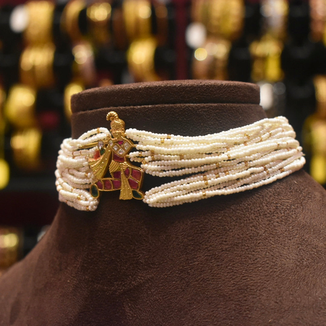 Asp Krishna Jadau Kundan Beaded Gold Plated Choker Necklace Set
