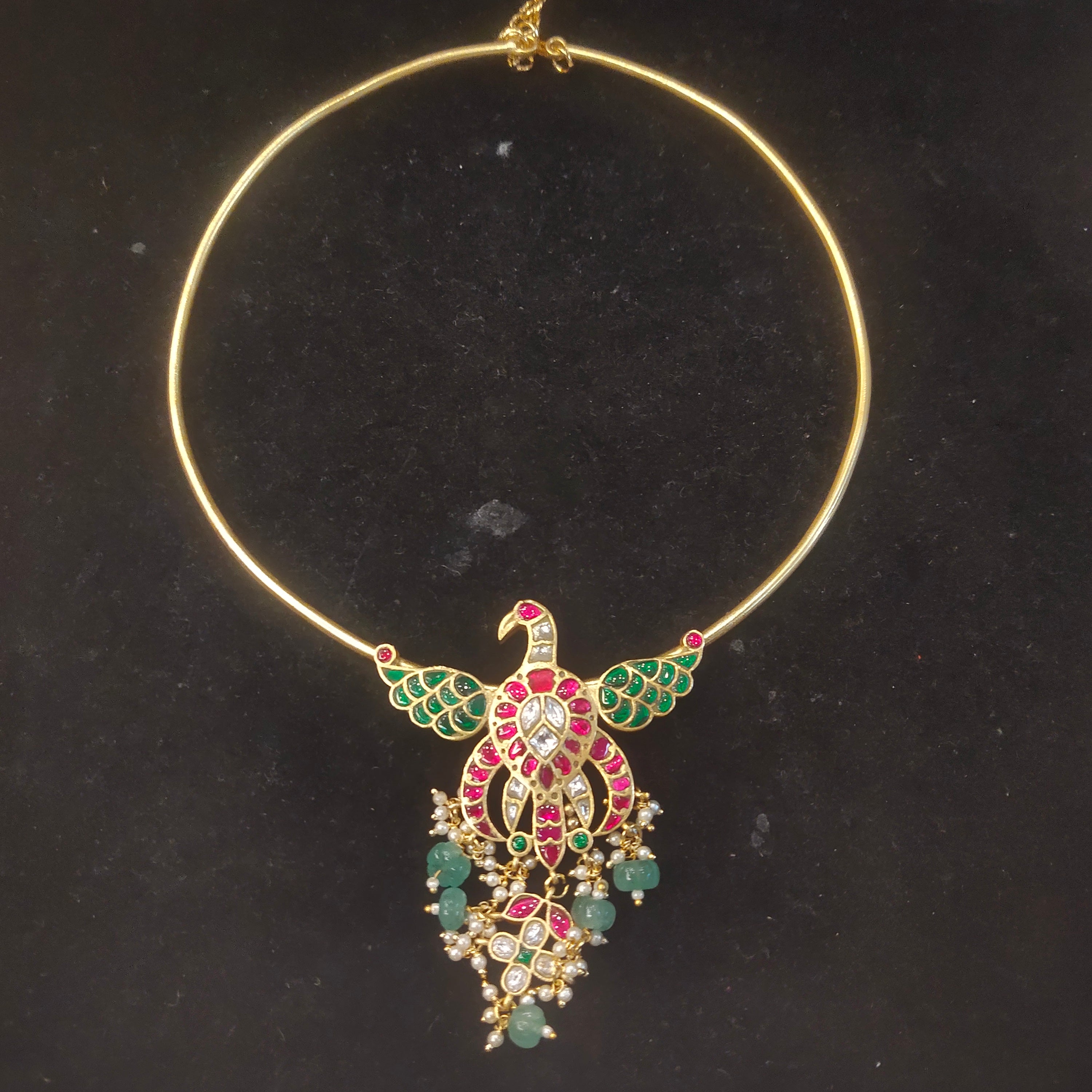 Kundan Peacock Hasli Necklace – Ruby, Emerald & Polki Stone Choker