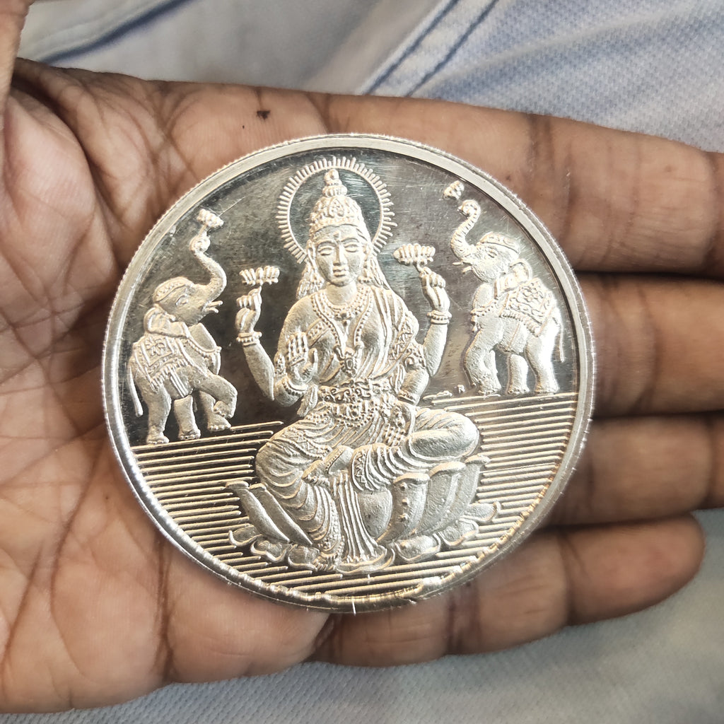 999 Pure Silver Coin - Laxmi & Om Design (6cm Diameter, 100 Grams)