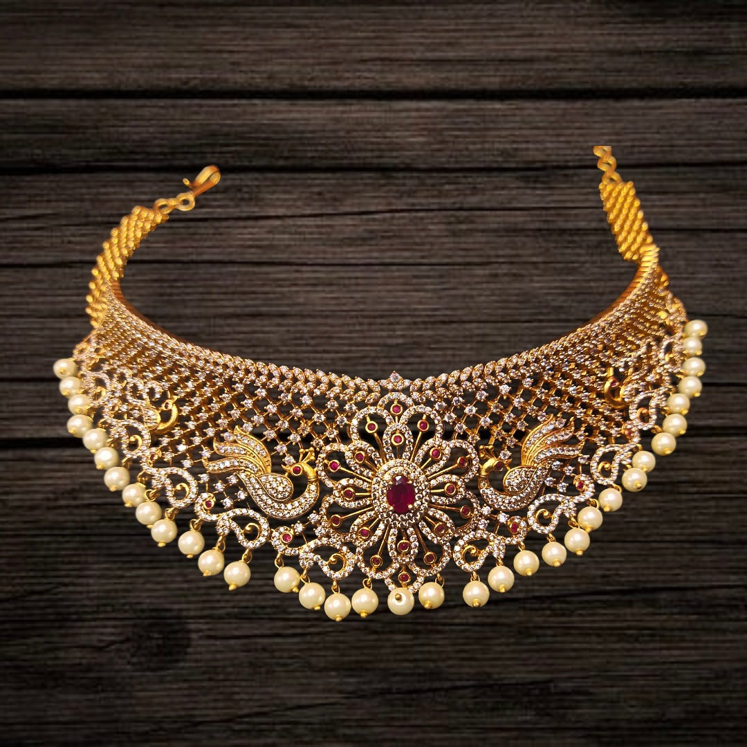 CZ Peacock Ruby Pearl Matte Choker Set - 24K Gold Plated Bridal Jewellery
