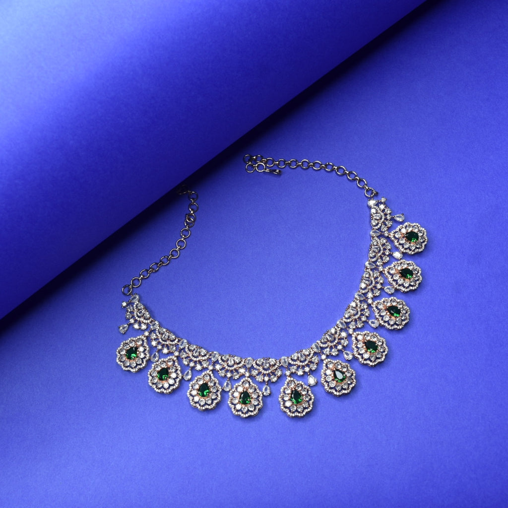 Rose Gold CZ Necklace Set with Jhumkas - Cubic Zircon Jewelry