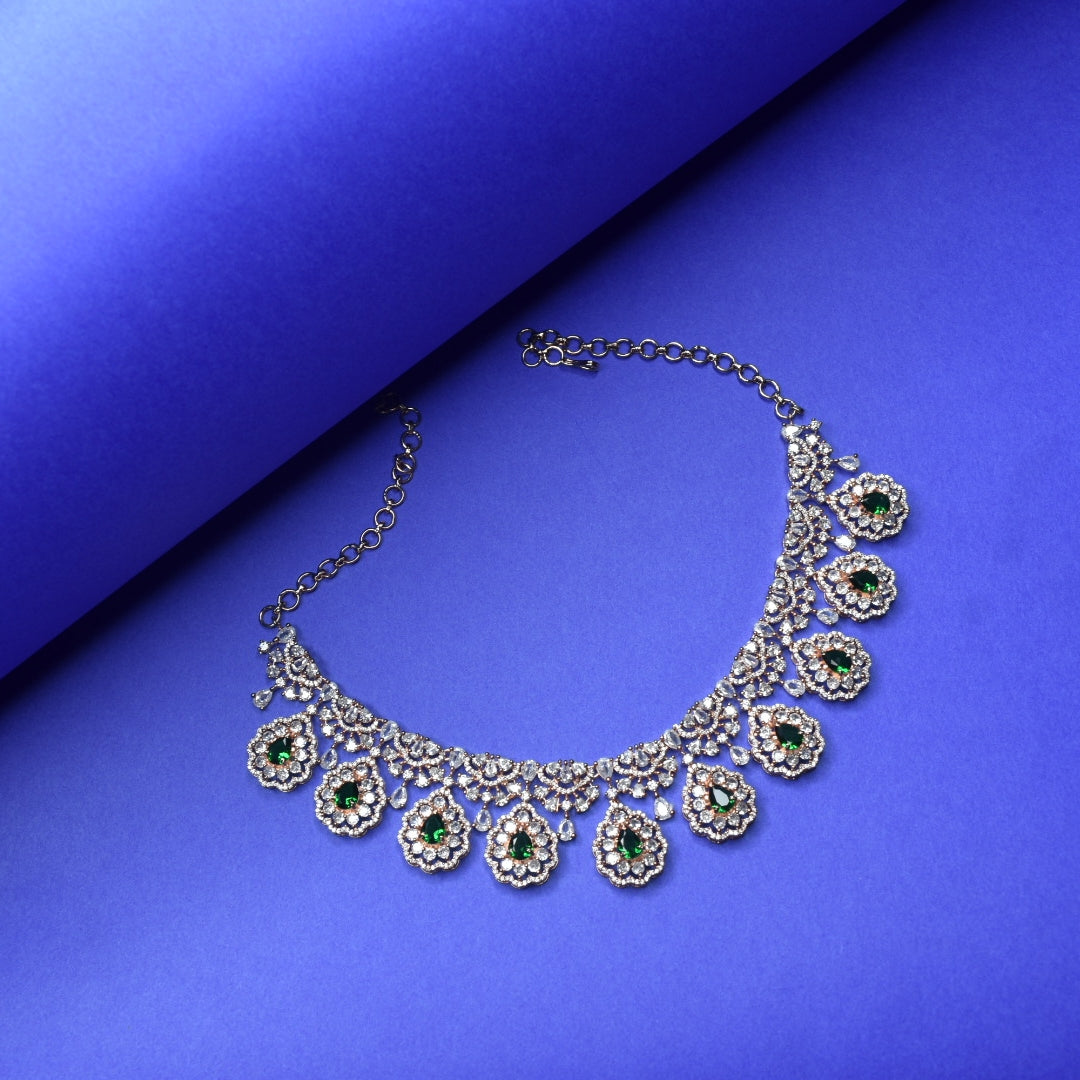 Rose Gold CZ Necklace Set with Jhumkas - Cubic Zircon Jewelry