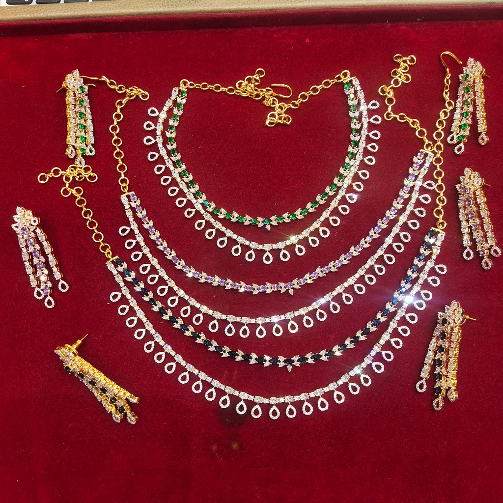 Two Layer Zircon Necklace Set - Two Tone Gold-Rhodium Polish