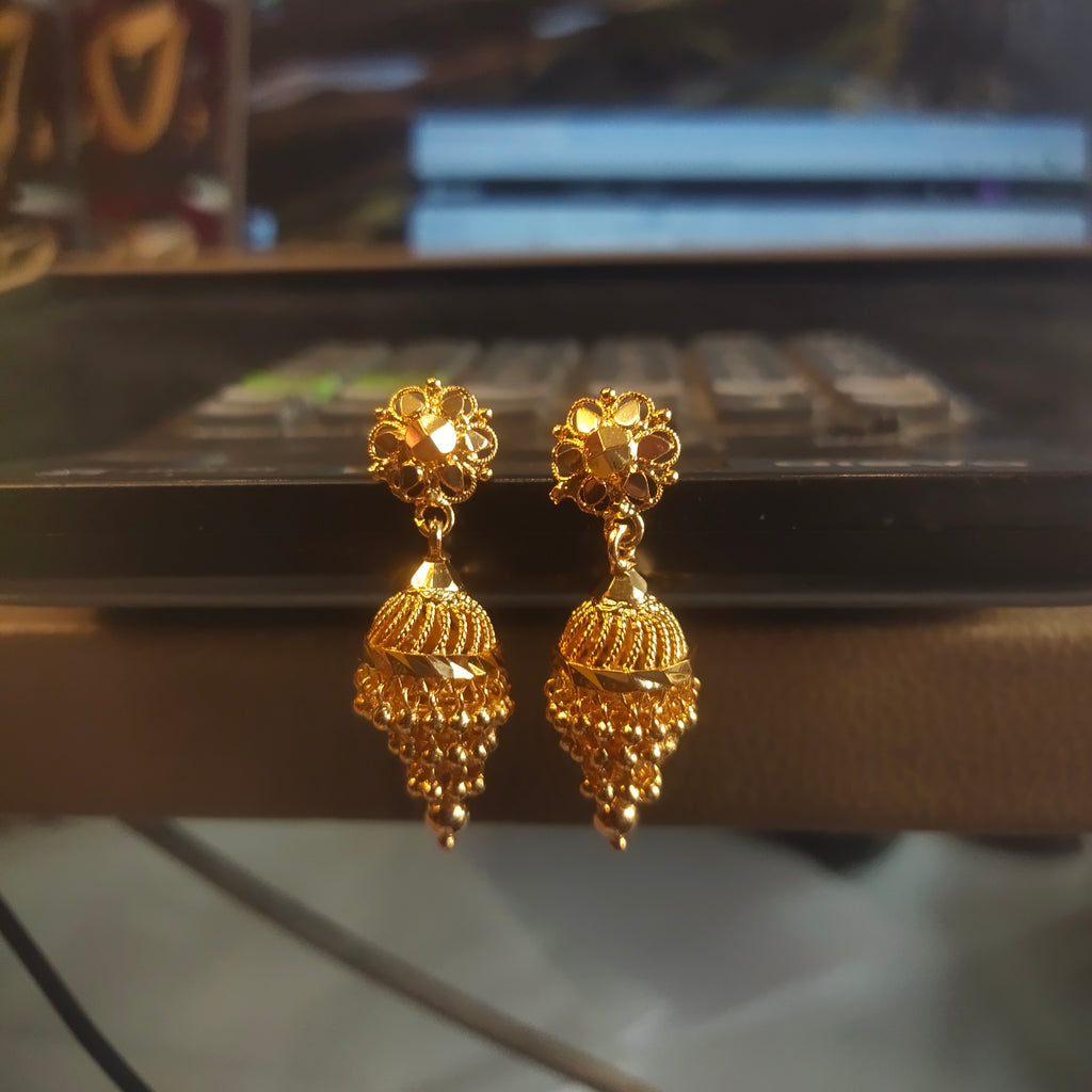 Gold Plated Ribbed Bell Jhumka Earrings with Bead Fringe | Traditional Indian Jewelry