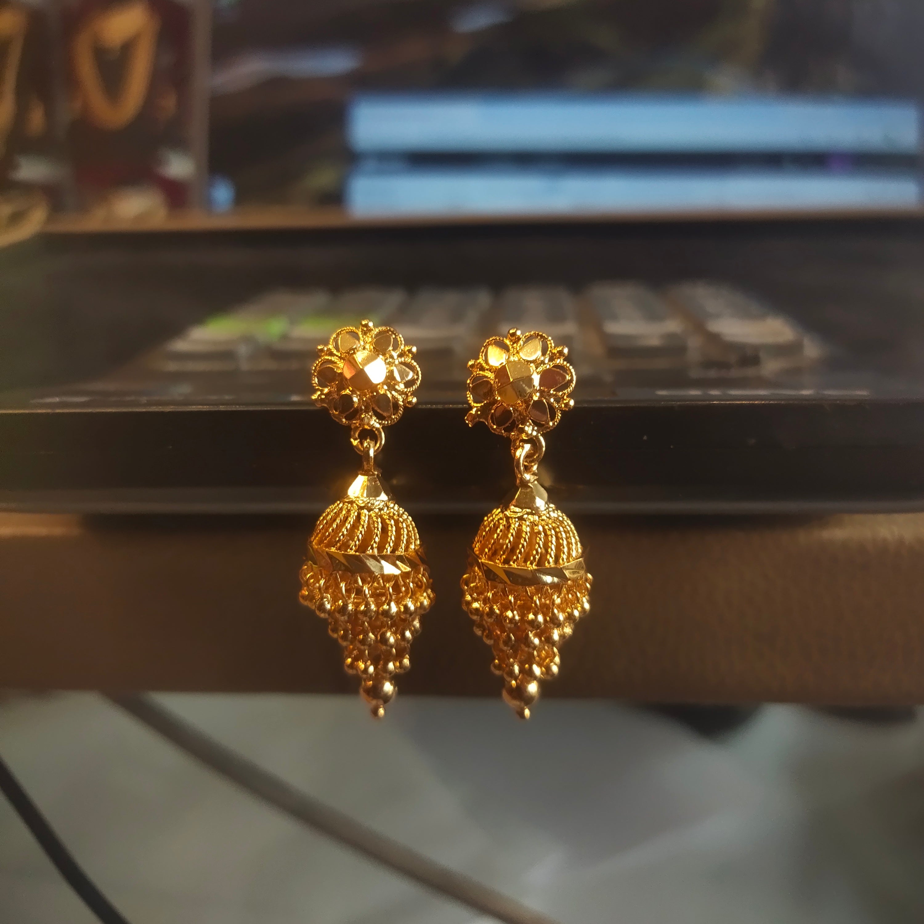 Gold Plated Ribbed Bell Jhumka Earrings with Bead Fringe | Traditional Indian Jewelry