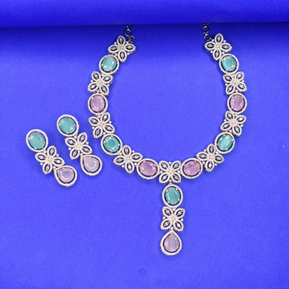 Rose Gold American Diamond Necklace Set with Earrings - Bridal Jewelry