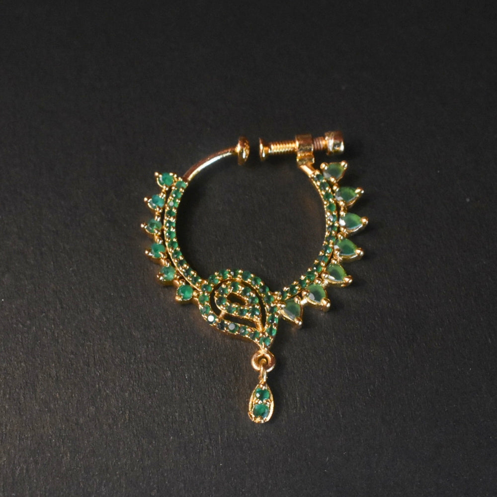 24K Gold Plated South Indian Nath | No Piercing Nose Ring with Zircon Stones