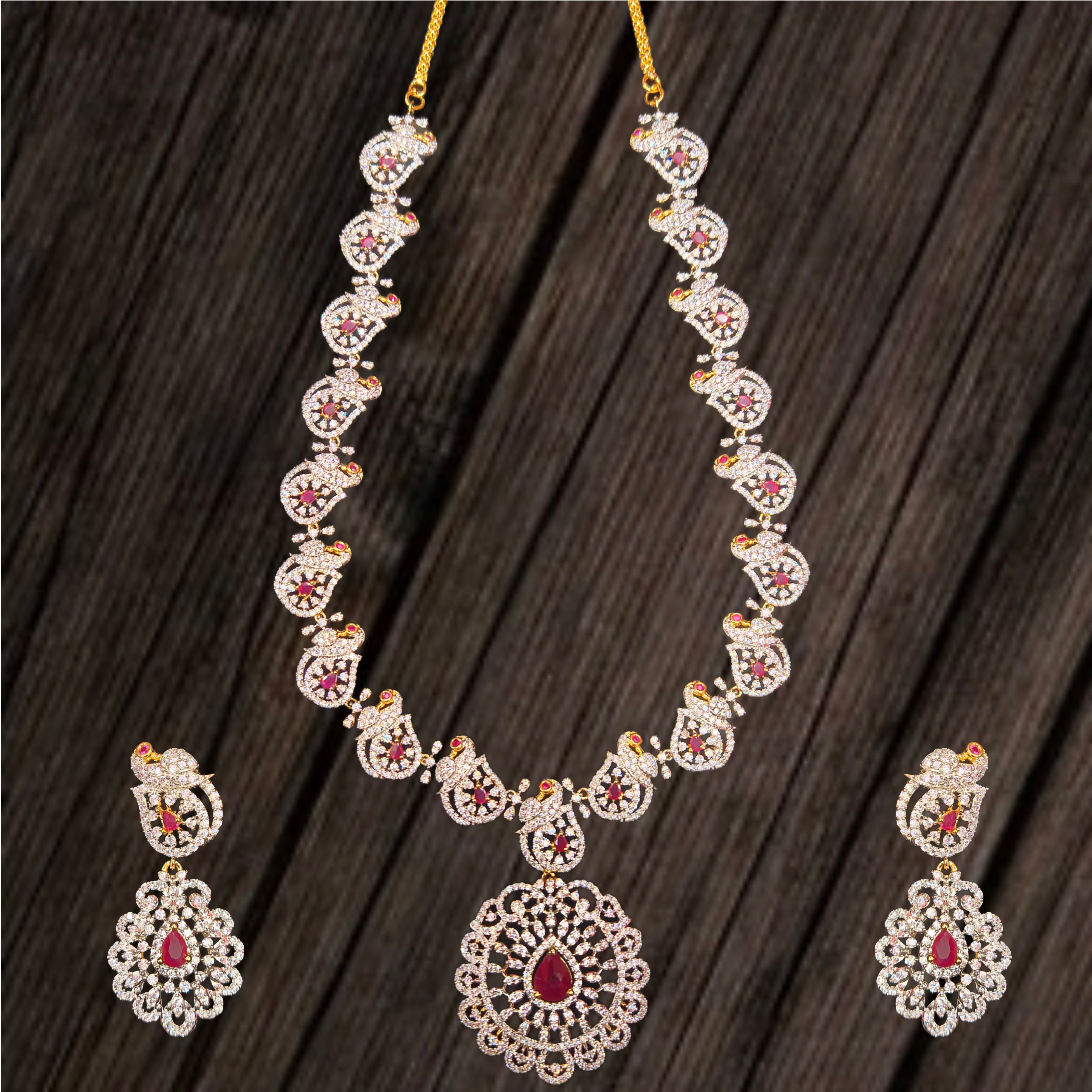 Enchanting Peacock American Diamond Necklace Set - 24K Gold Premium Bridal Jewelry