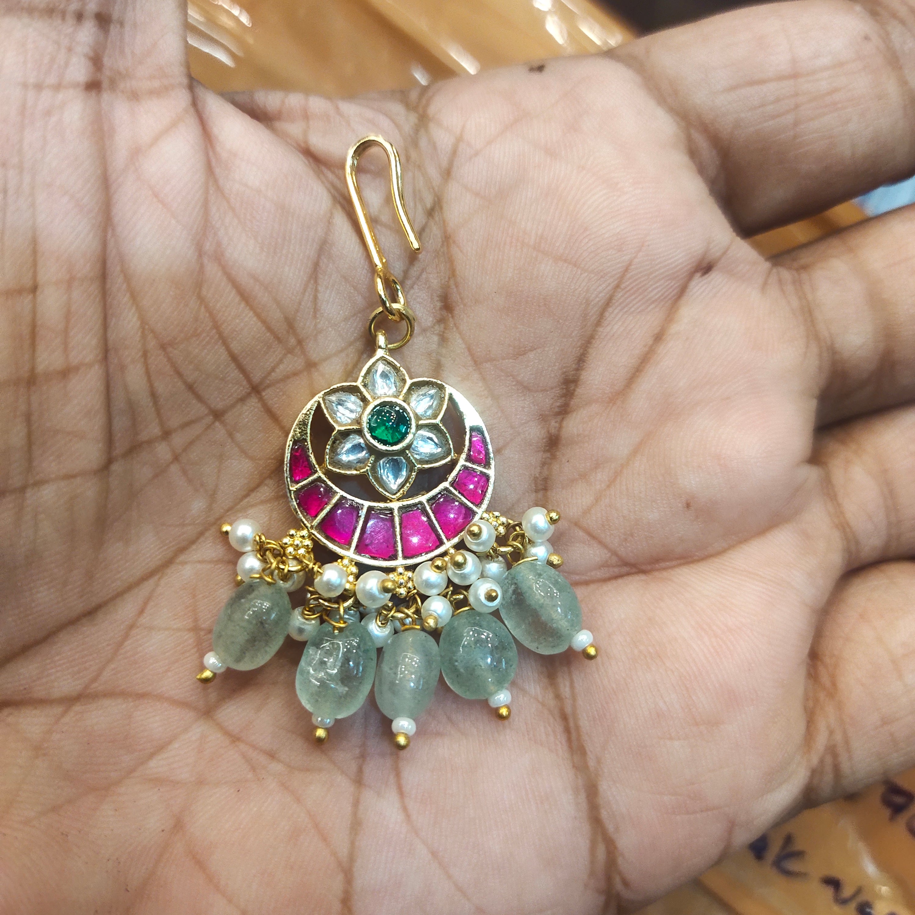 Traditional Gold Plated Jadau Kundan Maang Tikka with Ruby Accents