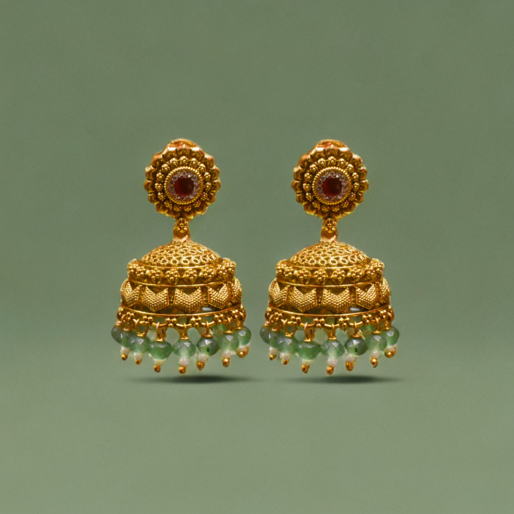 Antique Zircon Jhumka Earrings with Green Beads