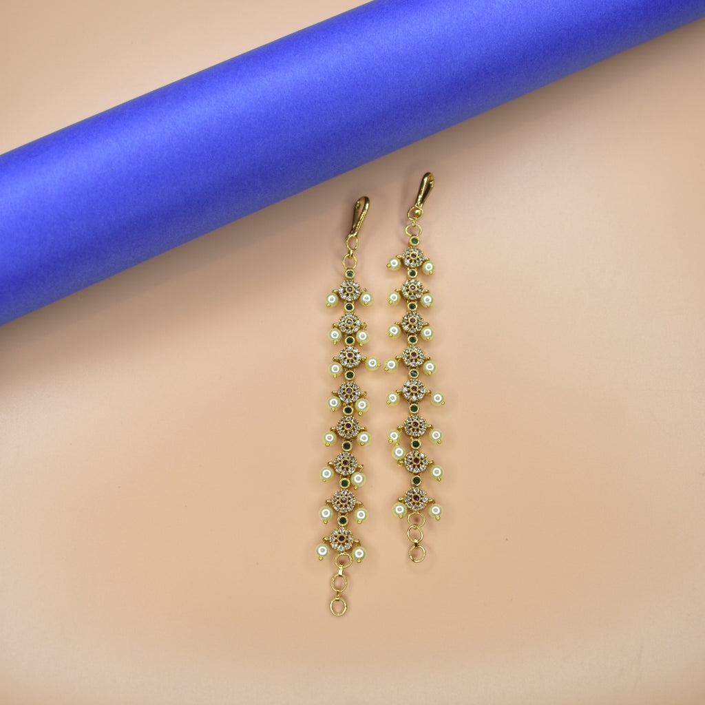 Antique CZ Pearl Champaswaralu Ear Chains - Vintage Elegance