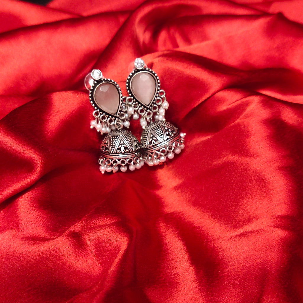 Classic Oxidized Silver Jhumka - Vintage Style Pink Accents