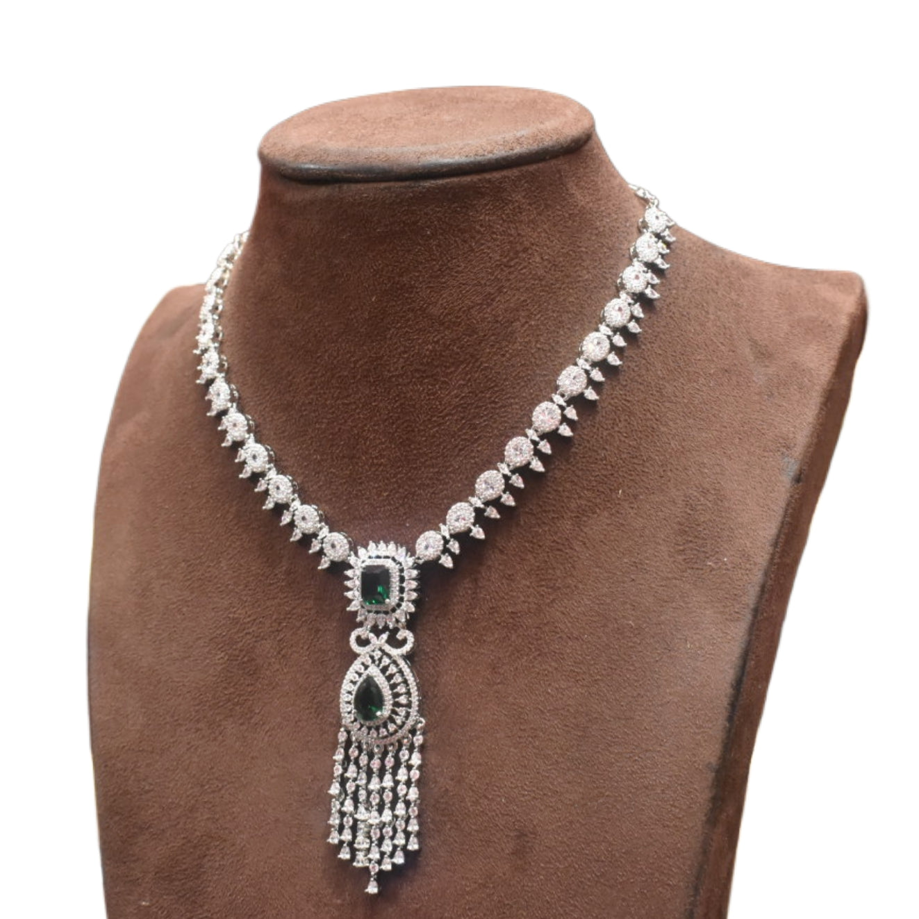 Rhodium Plated Green Emerald Zircon Necklace Set - Western Style