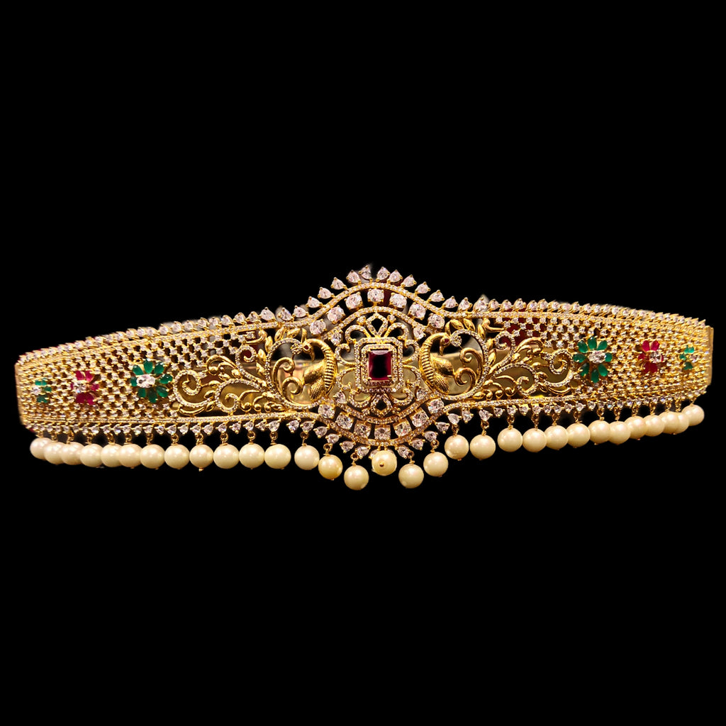 CZ Vaddanam - Twin Peacock Emerald Pearl 24K Gold Belt