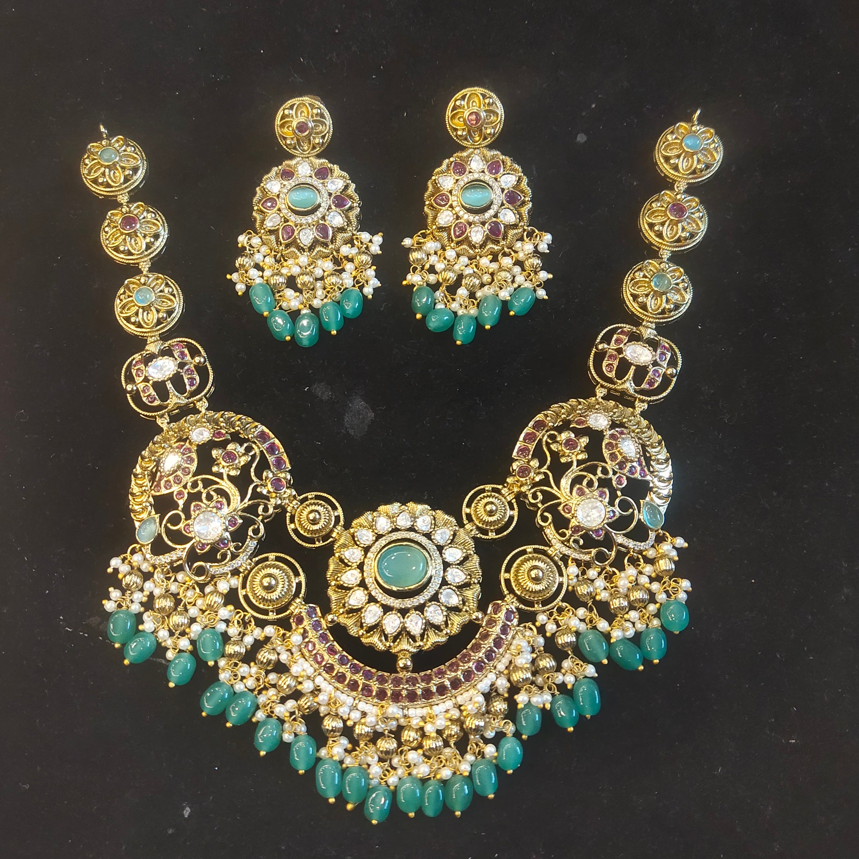 Bridal Kundan Choker Necklace Set | Turquoise Beads & Chandelier Earrings 168359070343