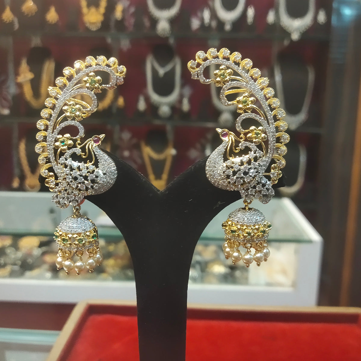 American Diamond Dual Tone Ear Cuffs Earrings - Rhodium Gold Plated Peacock Design