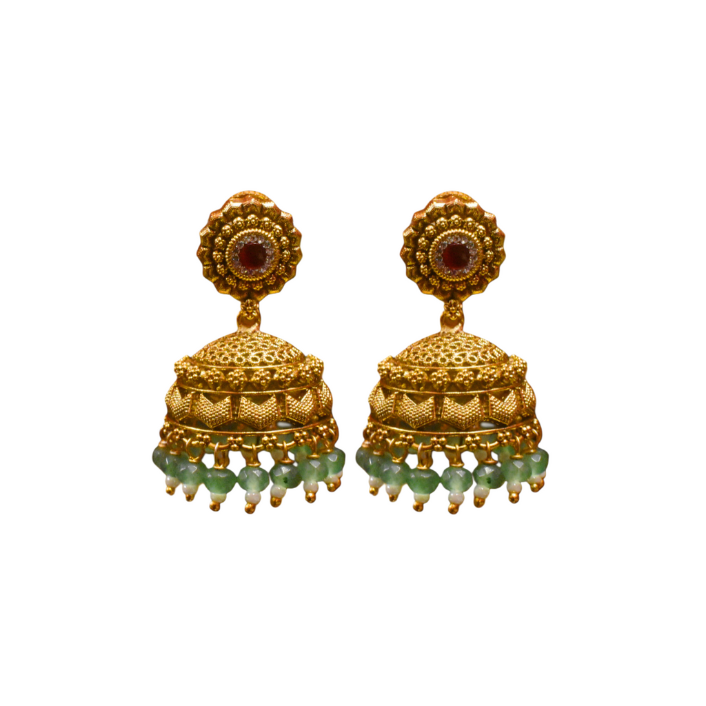 Antique Zircon Jhumka Earrings with Green Beads | Traditional Temple Jewellery