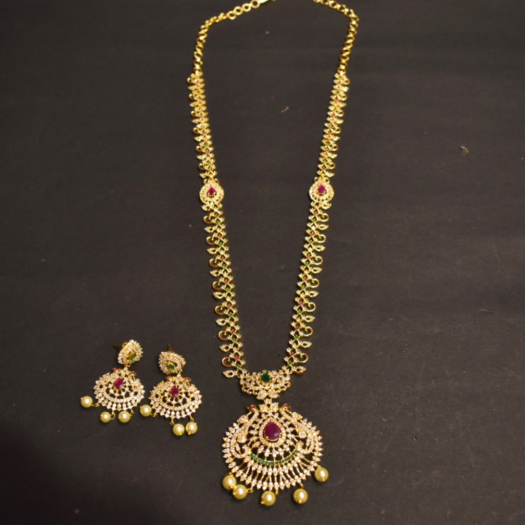 CZ Gold Plated Long Necklace Set - Traditional Temple Jewelry Design