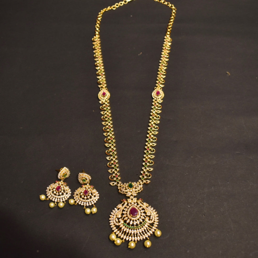 CZ Gold Plated Long Necklace Set - Traditional Temple Jewelry Design