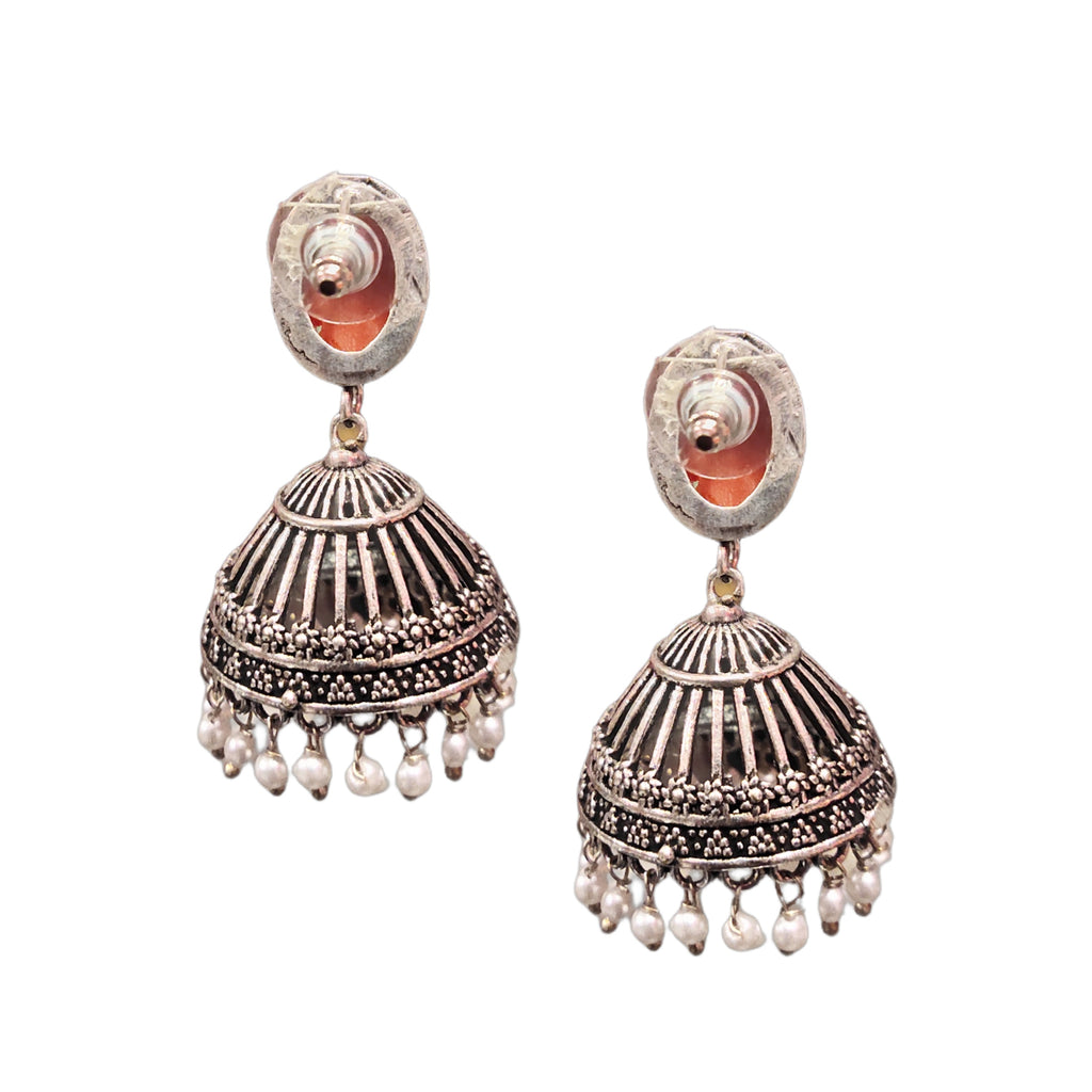 Traditional Oxidized Silver Jhumka - Red Pearl Embellished Earrings