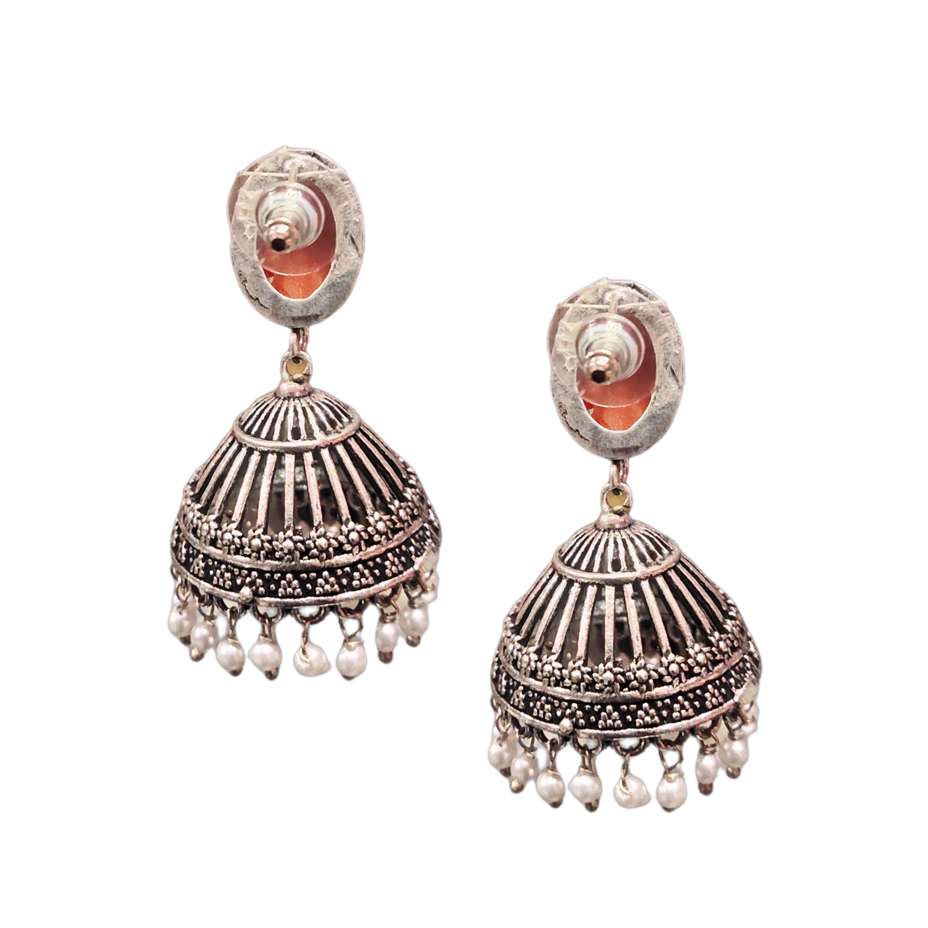 Traditional Oxidized Silver Jhumka - Red Pearl Embellished Earrings