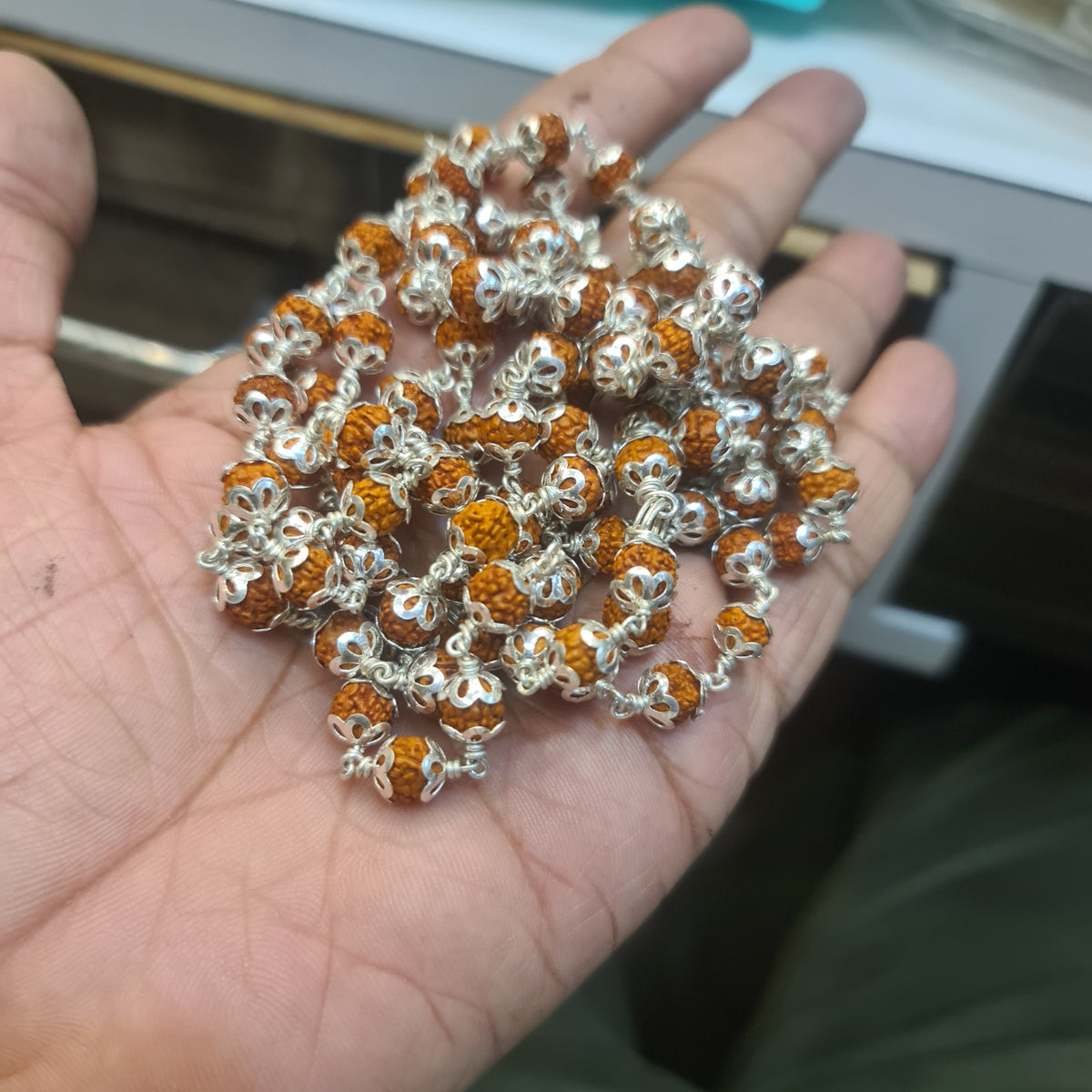 Natural Panch Mukhi Rudraksha Mala with 800 Silver Wire & Caps - 108+1 Beads