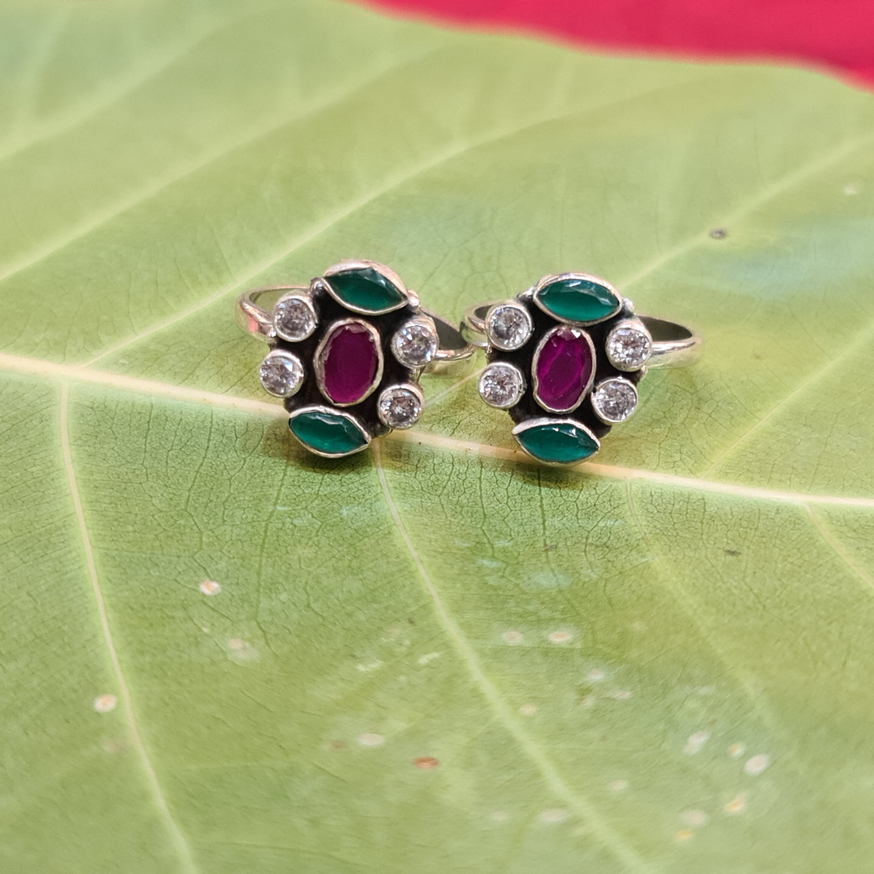 925 Sterling Silver Toe Rings with Ruby & American Diamonds - 6.6g Bichiya