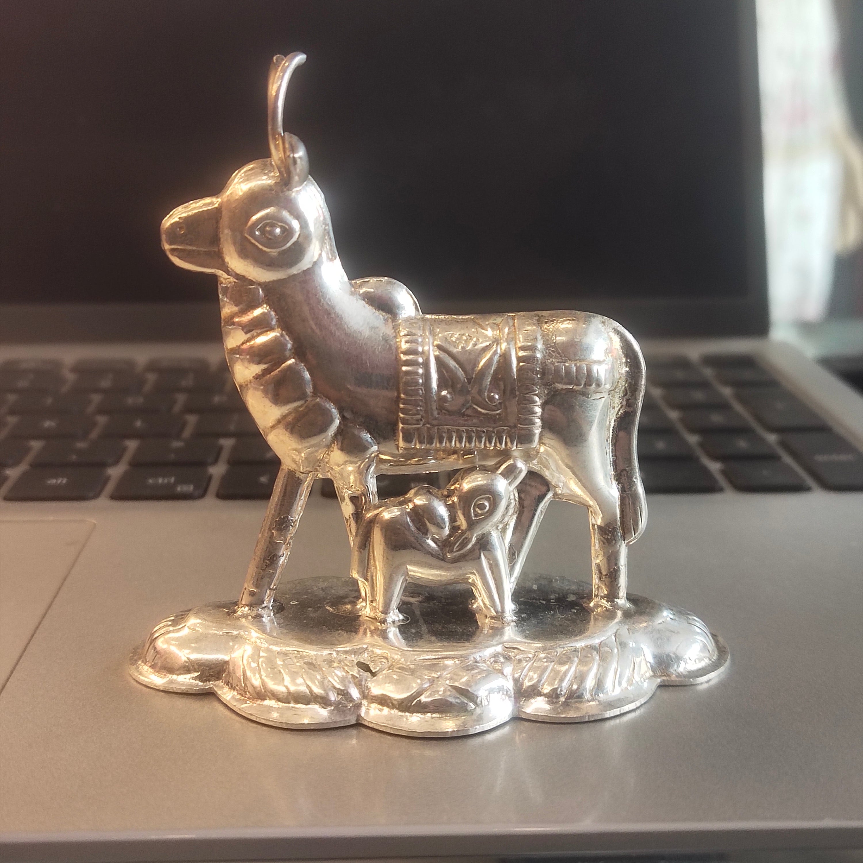 Silver Kamdhenu Cow with Calf Suckling Figurine