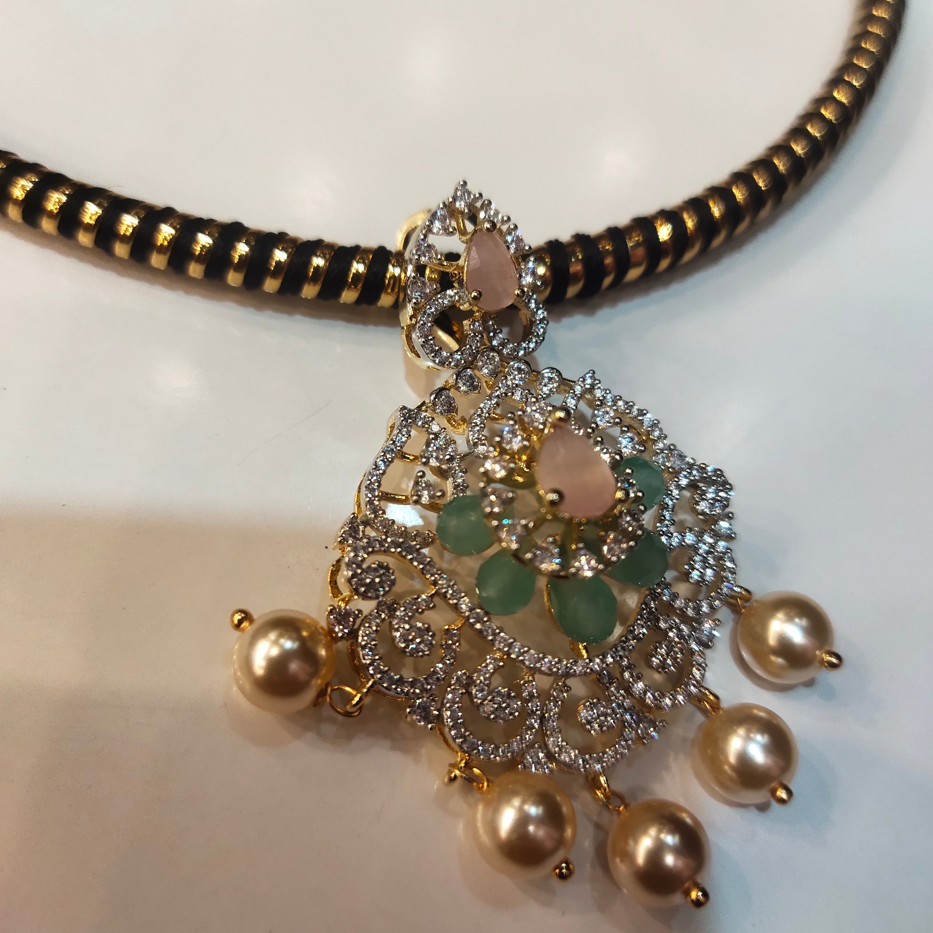 Zircon Black Thread Kanti Necklace Set | Rhodium Gold Plated Choker