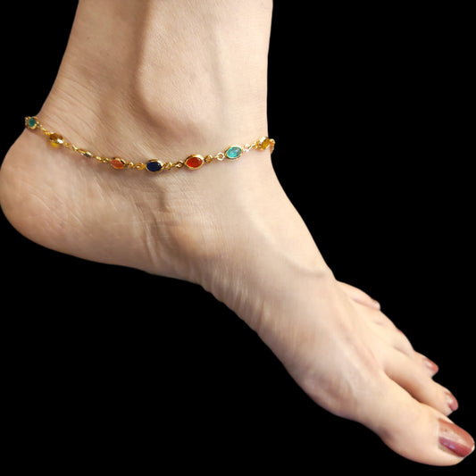 "Shimmering Elegance: The Luxurious 24K Gold Plated Anklet Set with Multi-Coloured Stones by Asp Fashion Jewellery"
