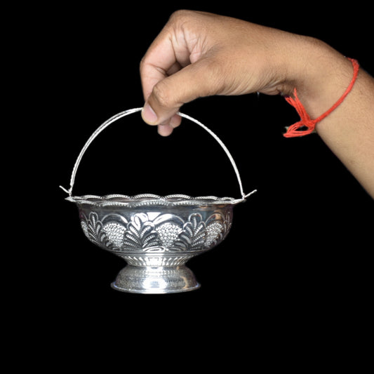 "Shine Bright: The Elegant Silver Asp Pooja Flower Basket for Your Sacred Space"