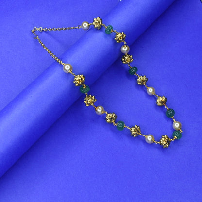 "Gorgeous Glamour: Enchanting Nakshi Gold Balls & Emerald Adorned Pearl Mala"