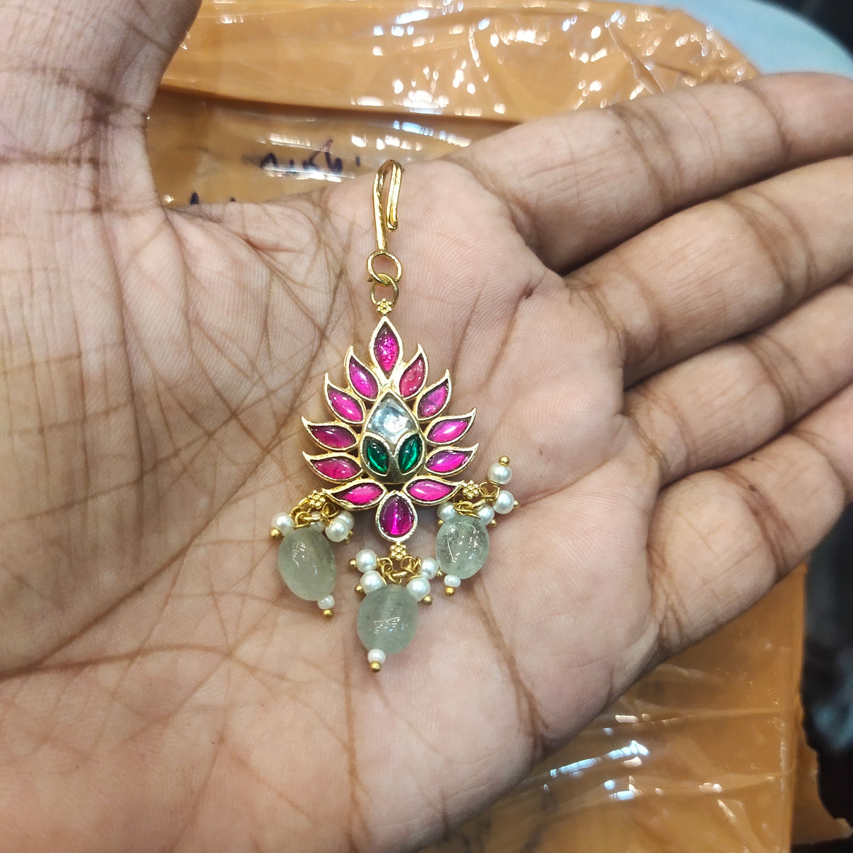 Royal Gold Plated Jadau Kundan Maang Tikka with Pearl Drops