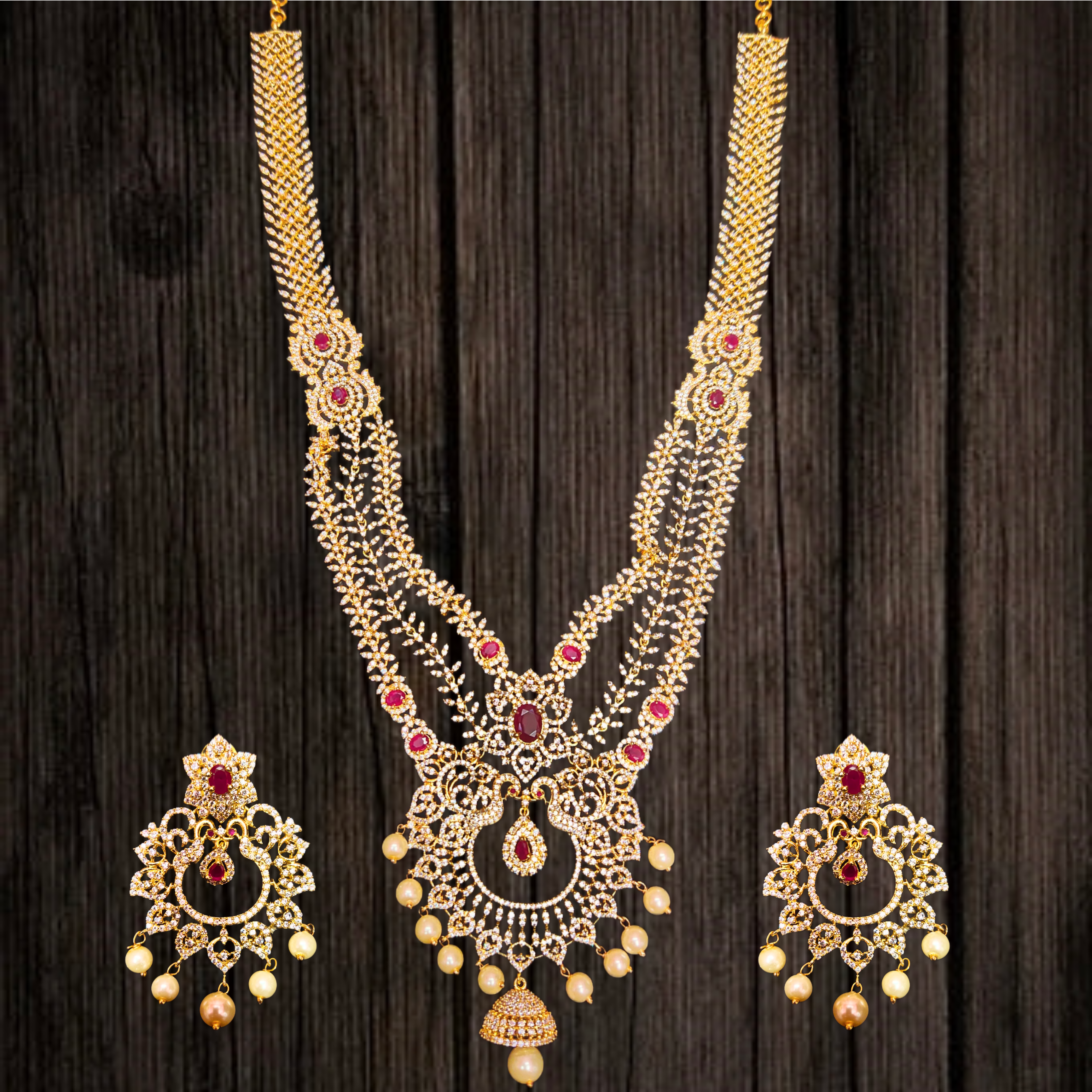Layered American Diamond Haram with Pendant - Ruby & Pearl Necklace Set